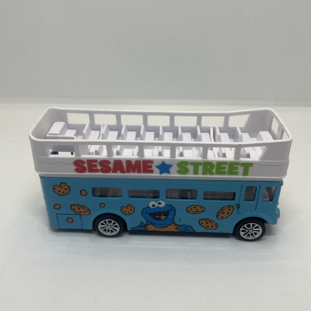 SESAME STREET BLUE DIECAST DOUBLE DECKER TOUR BUS 5" PULL BACK MOTION